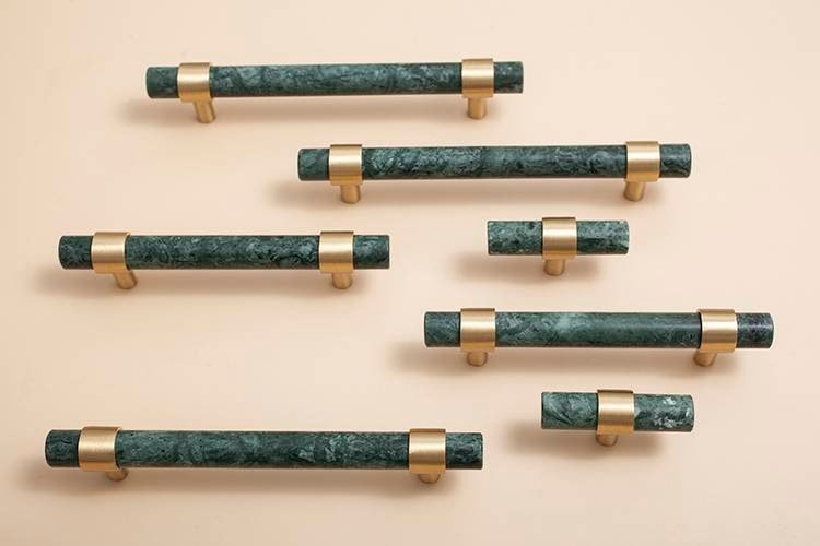 Dark Green Verde marble and brass cabinet pull/Green marble and gold brass drawer pull/green marble cabinet handle/modern stone hardware