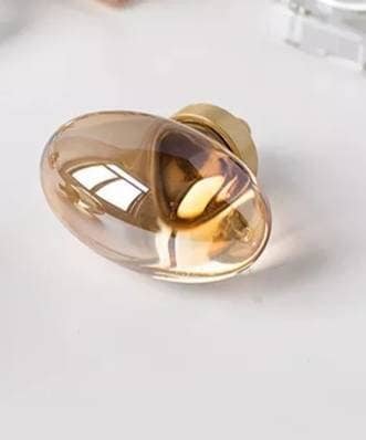 Polished oval crystal and brass cabinet pull/Retro gold glazed egg crystal drawer knob/mid century style smooth polished crystal door handle