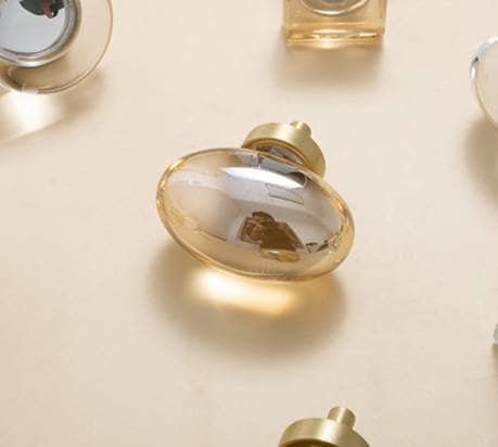 Polished oval crystal and brass cabinet pull/Retro gold glazed egg crystal drawer knob/mid century style smooth polished crystal door handle
