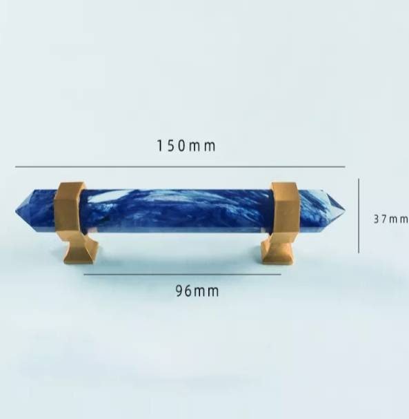 Hexagonal Indigo Blue crystal cabinet bar handle/Blue semi precious stone and brass drawer pull/Luxury furniture hardware/gemstone handle