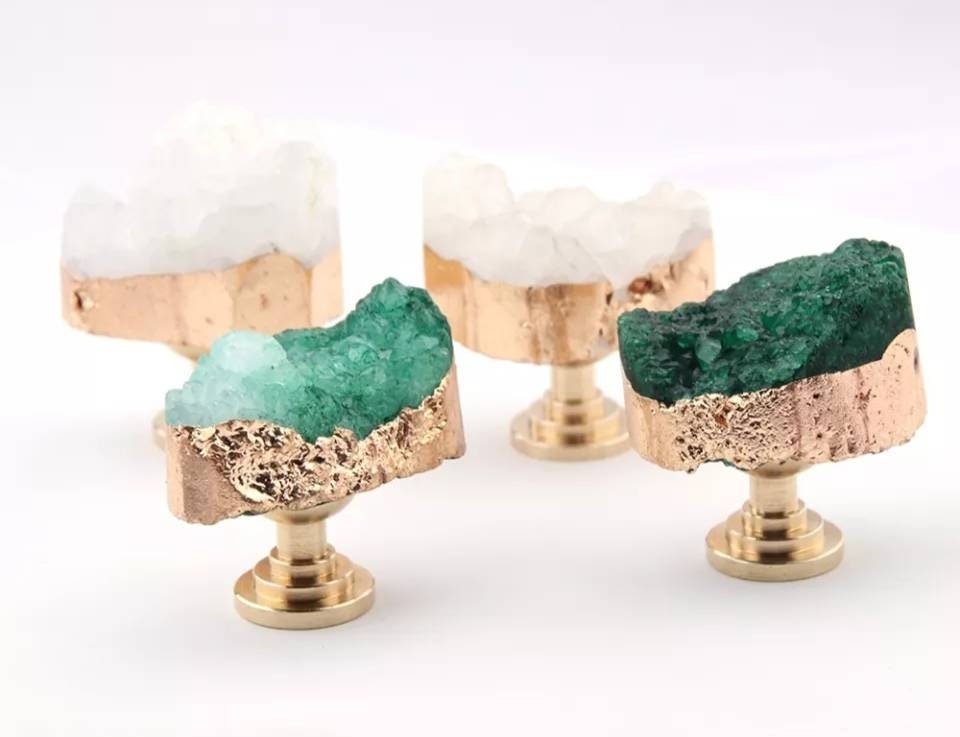 Green or white quartz crystal geode and brass cabinet handle/gemstone drawer handle/crystal door handle/raw semi precious stone door knob