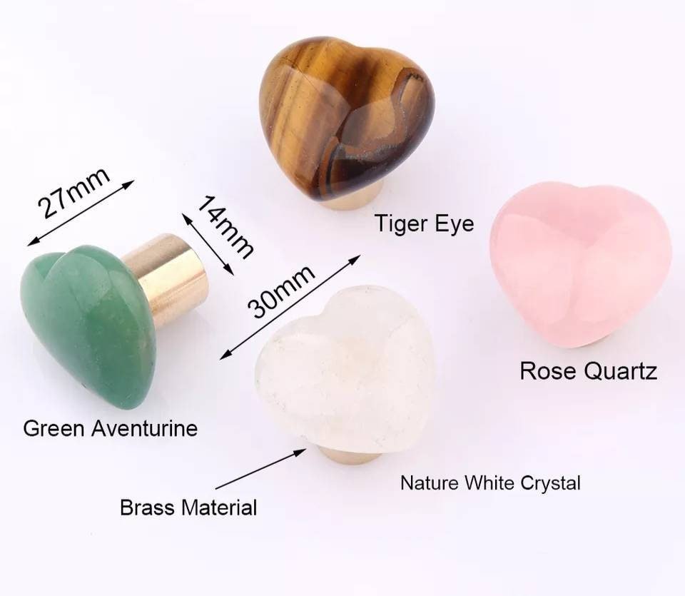 Smooth polished heart shaped semi precious stone drawer handle/Pink, white quartz, tiger eye or jade cabinet handle/heart gemstone door knob