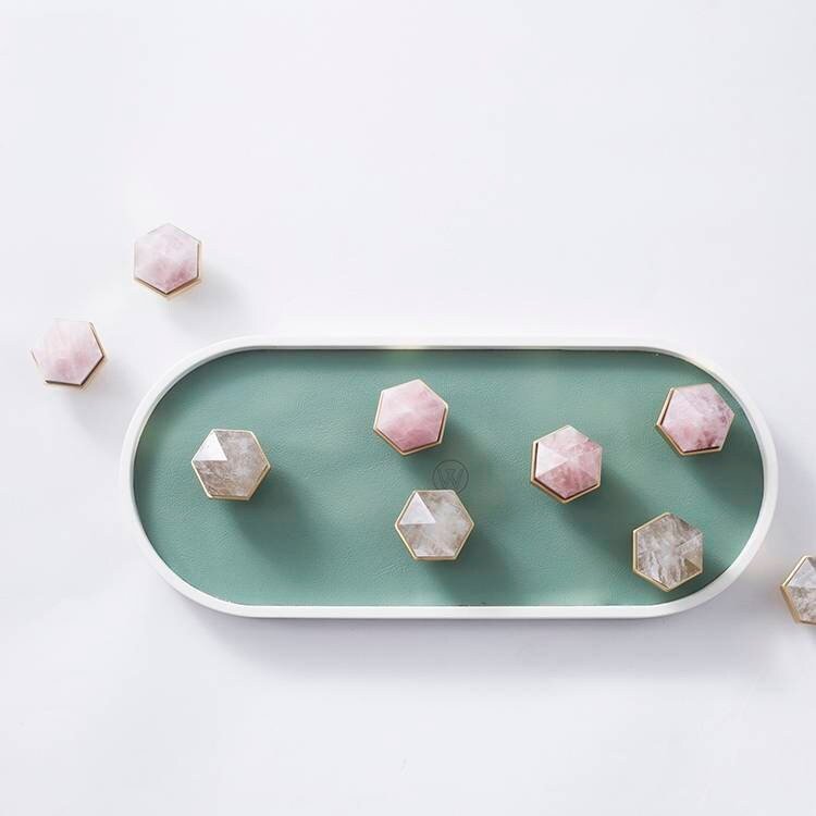 Pink rose quartz crystal hexagonal drawer pull/Pink semi precious stone and brass cabinet handle/Pink gemstone door knob/furniture hardware