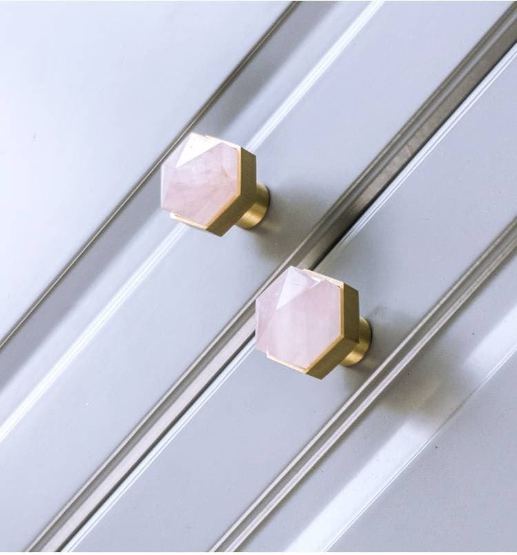 Pink rose quartz crystal hexagonal drawer pull/Pink semi precious stone and brass cabinet handle/Pink gemstone door knob/furniture hardware