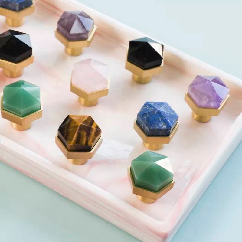 Golden Brown Tiger Eye hexagonal cabinet handle/Semi precious stone and brass pyramid drawer pull/Geometric brown stone door knob