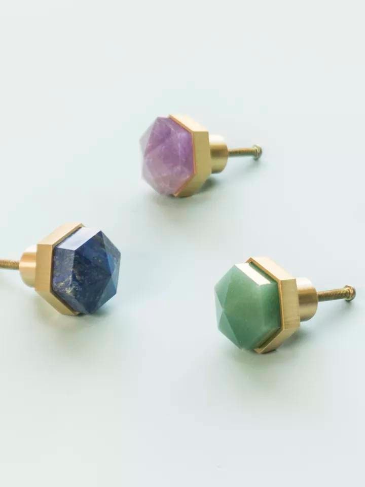 Blue Lapis Lazuli and brass hexagonal drawer pull/Geometric semi precious stone cabinet handle/Gemstone door knob/stone furniture hardware