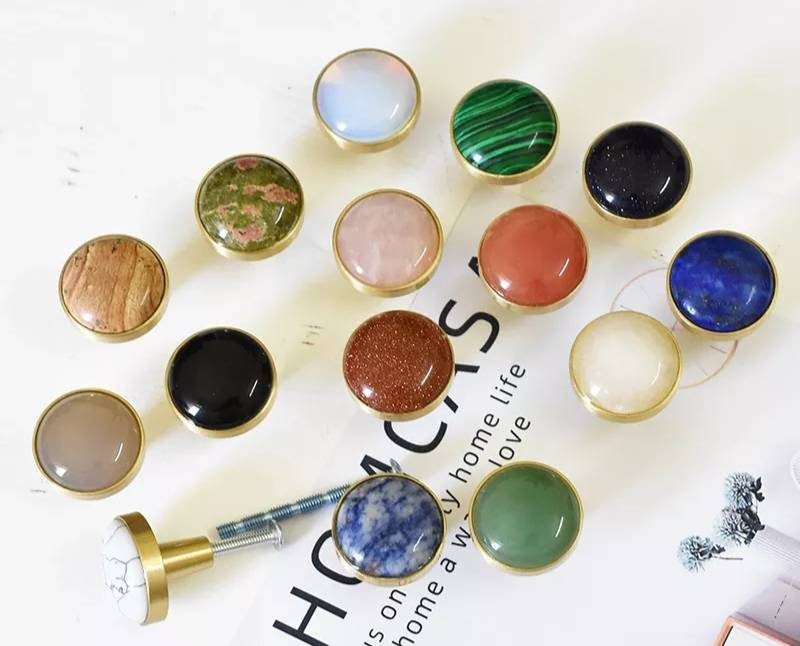 Round electric blue and white marble drawer handle/Smooth Blue marble and brass cabinet handle/Marble furniture hardware/Blue door knob