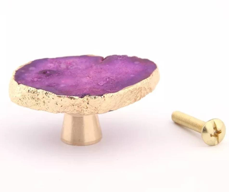 Bright colourful crystal slice drawer handle/Quartz crystal wrapped in gold brass cabinet pull/Gemstone furniture hardware/Crystal door knob