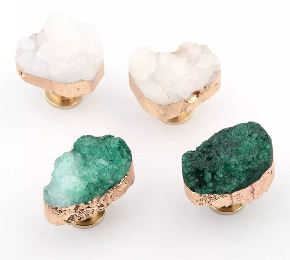Green or white quartz crystal geode and brass cabinet handle/gemstone drawer handle/crystal door handle/raw semi precious stone door knob