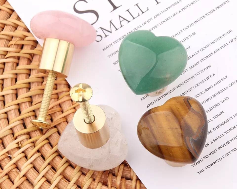 Smooth polished heart shaped semi precious stone drawer handle/Pink, white quartz, tiger eye or jade cabinet handle/heart gemstone door knob
