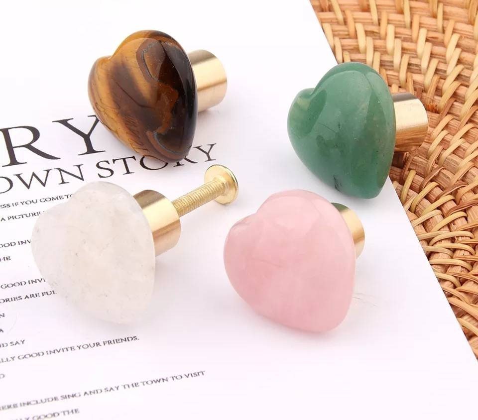 Smooth polished heart shaped semi precious stone drawer handle/Pink, white quartz, tiger eye or jade cabinet handle/heart gemstone door knob