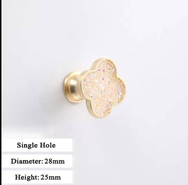 Glittery rainbow aura quartz crystal and gold clover shaped cabinet pull/Gemstone door handle/Clover shaped drawer handle/crystal hardware