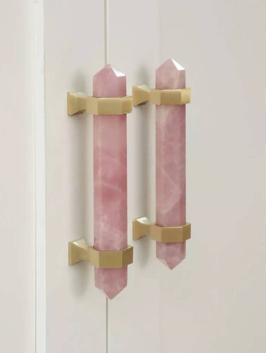 Hexagonal rose quartz crystal cabinet bar handle/Pink semi precious stone and brass drawer pull/Luxury furniture hardware/gemstone handle
