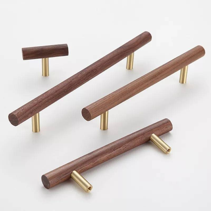 Simple smooth walnut and Brass cabinet bar handle/Dark wooden drawer pull/Wooden furniture hardware/Walnut wood and gold brass door handle
