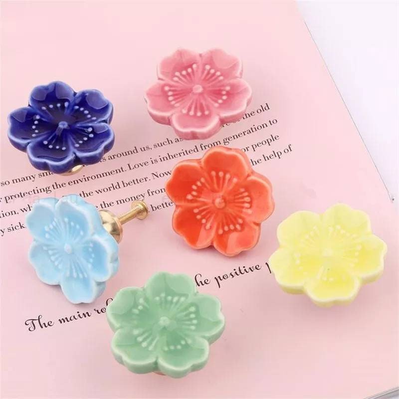 Ceramic flower design cabinet pull/Bright coloured flower drawer knobs/floral furniture hardware/simple flower handle