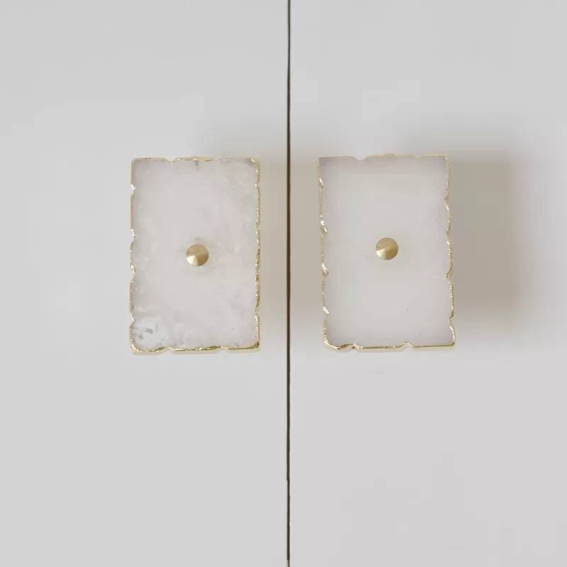 Large white or pink rose quartz rectangle drawer pull with gold edges/Pink gemstone slice cabinet handle/Square crystal slice door handle