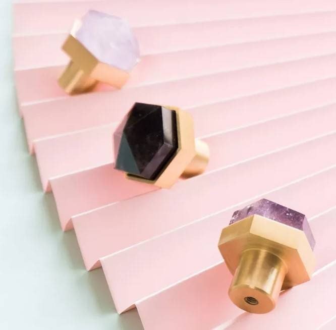 Black shiny Obsidian hexagonal drawer knob/Semi precious stone and brass hexagonal cabinet pull/Black stone cabinet handle/Gemstone handle