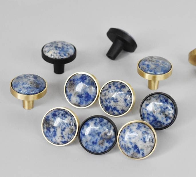 Round electric blue and white marble drawer handle/Smooth Blue marble and brass cabinet handle/Marble furniture hardware/Blue door knob