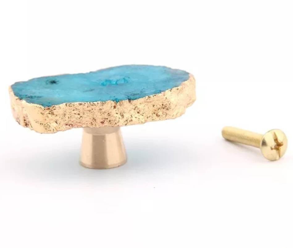 Bright colourful crystal slice drawer handle/Quartz crystal wrapped in gold brass cabinet pull/Gemstone furniture hardware/Crystal door knob