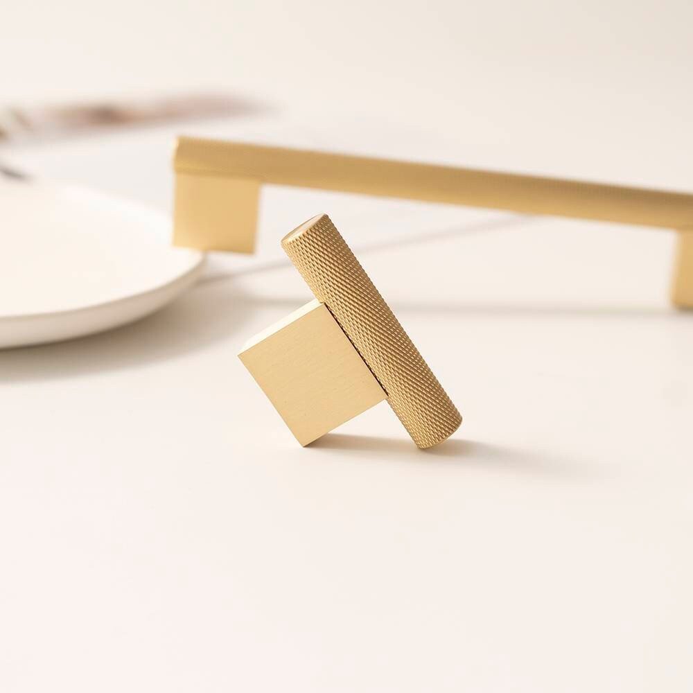 Gold brass knurled bar handle with wide base/metal cabinet handle/home improvement hardware/brass kitchen cabinet handle