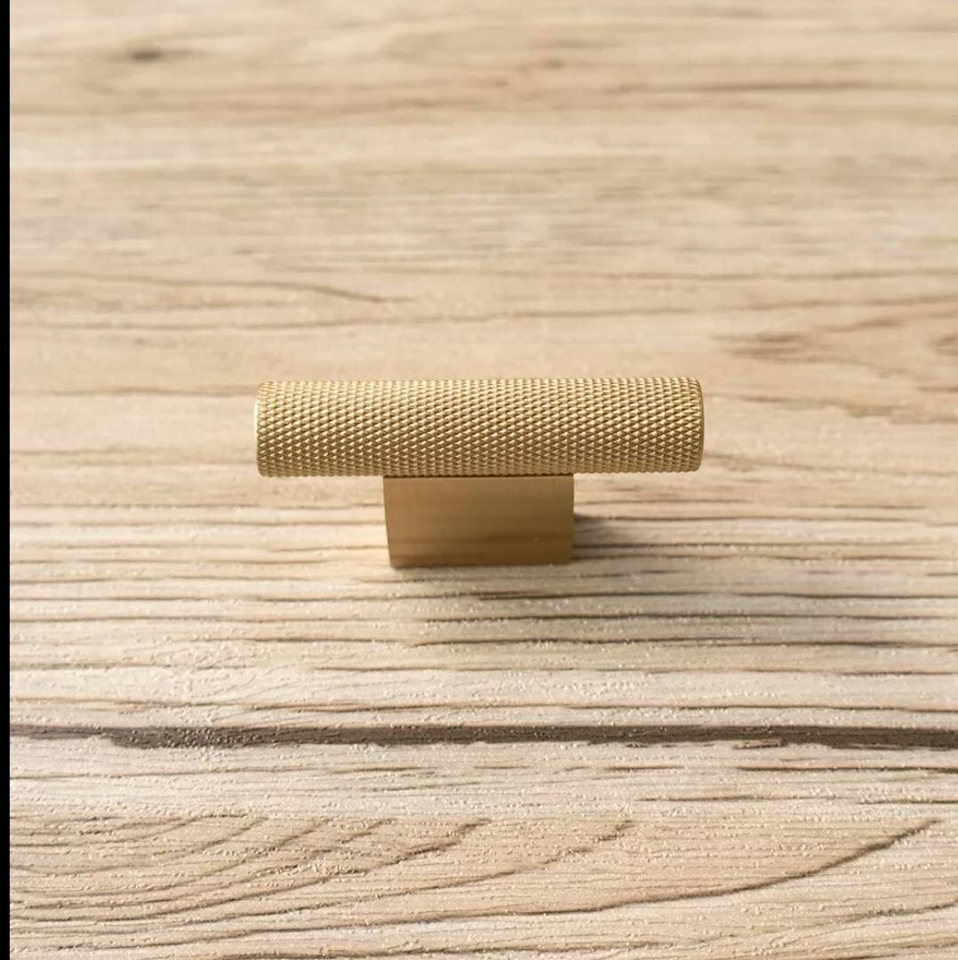 Gold brass knurled bar handle with wide base/metal cabinet handle/home improvement hardware/brass kitchen cabinet handle