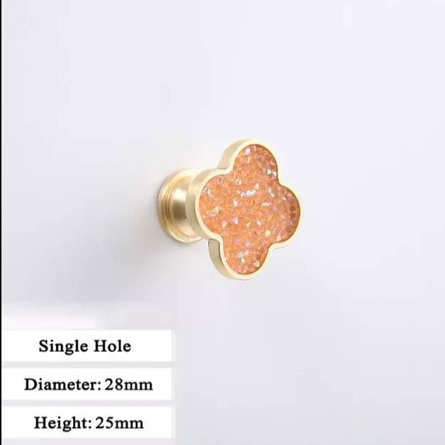 Glittery rainbow aura quartz crystal and gold clover shaped cabinet pull/Gemstone door handle/Clover shaped drawer handle/crystal hardware