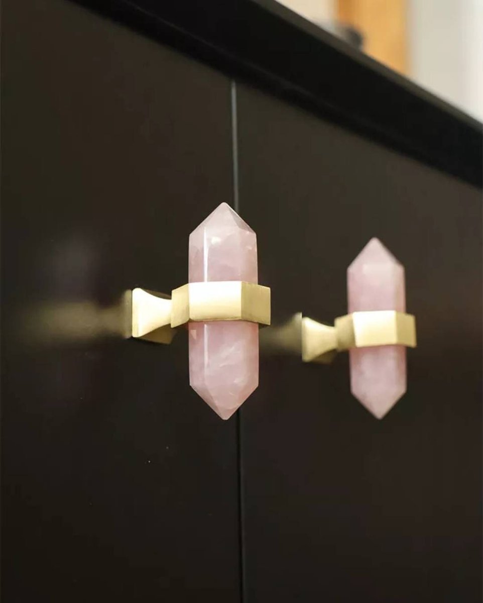 Hexagonal rose quartz crystal cabinet bar handle/Pink semi precious stone and brass drawer pull/Luxury furniture hardware/gemstone handle