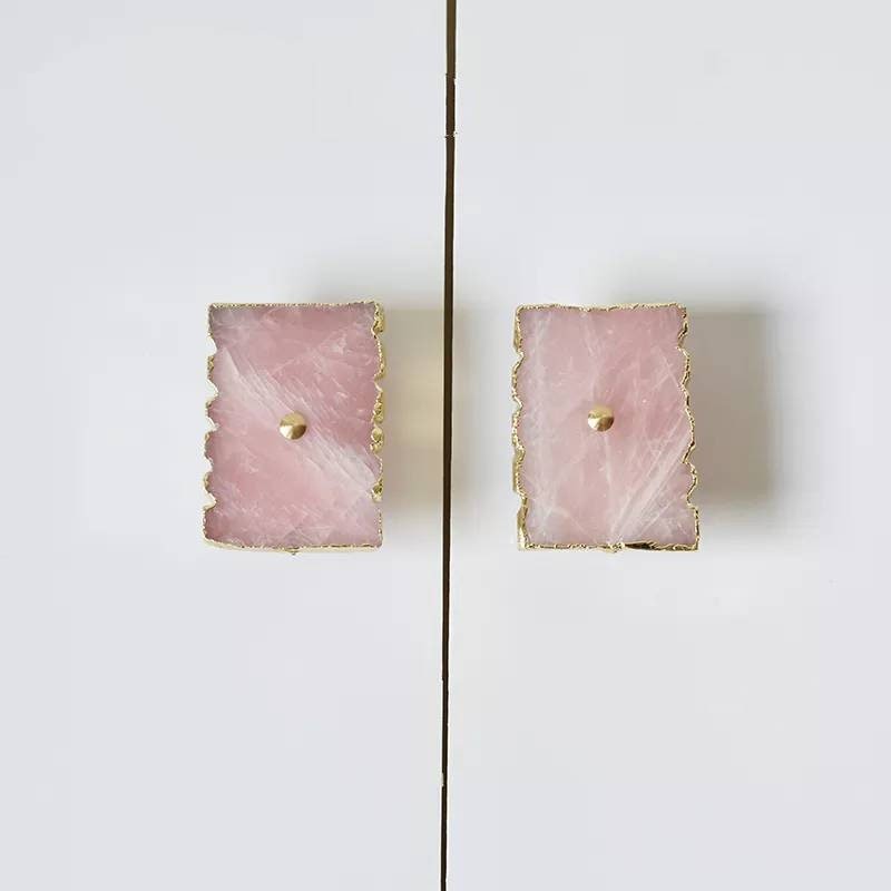 Large white or pink rose quartz rectangle drawer pull with gold edges/Pink gemstone slice cabinet handle/Square crystal slice door handle
