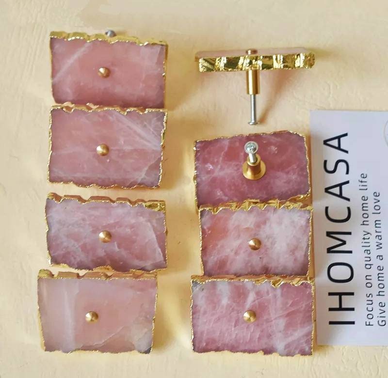 Large white or pink rose quartz rectangle drawer pull with gold edges/Pink gemstone slice cabinet handle/Square crystal slice door handle