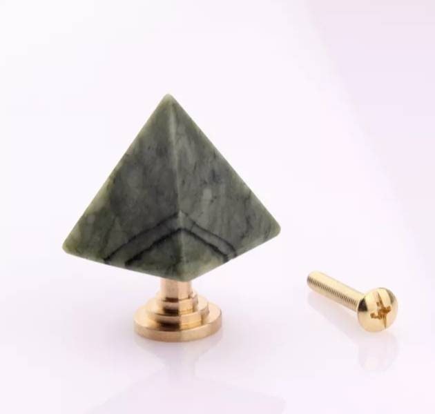 Semi precious stone pyramid shaped cabinet handle/Stone triangle and brass drawer pull/Gemstone pyramid door handle/Geometric cabinet handle