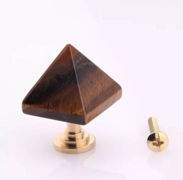 Semi precious stone pyramid shaped cabinet handle/Stone triangle and brass drawer pull/Gemstone pyramid door handle/Geometric cabinet handle