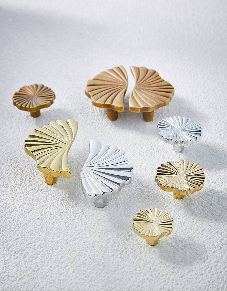 Shiny Gold, Silver or matte Bronze flower design cabinet handles/Matching semi circle and round drawer knobs/Unusual gold brass door handles