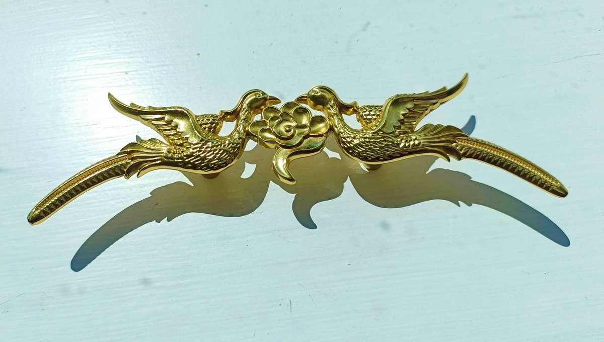 Gold brass phoenix cabinet pull/Gold bird and cloud drawer handle/Brass birds and cloud door handle/Brass furniture hardware/Unique handles