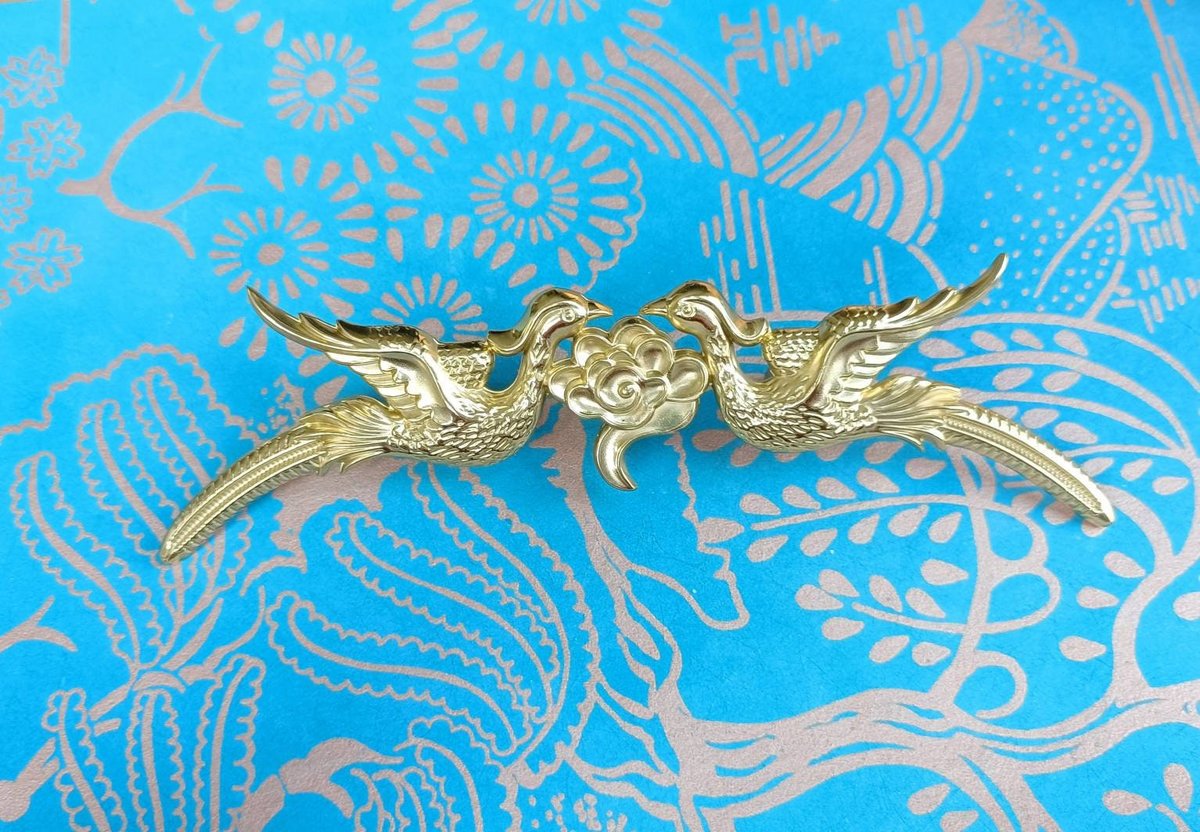 Gold brass phoenix cabinet pull/Gold bird and cloud drawer handle/Brass birds and cloud door handle/Brass furniture hardware/Unique handles