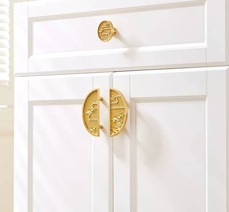 Oriental style wardrobe handles/Solid brass swirling mist design cabinet pulls/Large gold semi circle door handles/Demi lune drawer handle