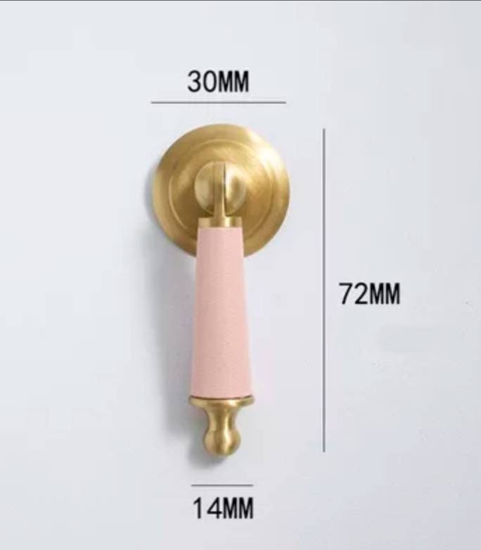 Pastel colour leather and brass drop drawer handle/Light coloured leather and gold drop cabinet pull/Brass drop handle wrapped in leather