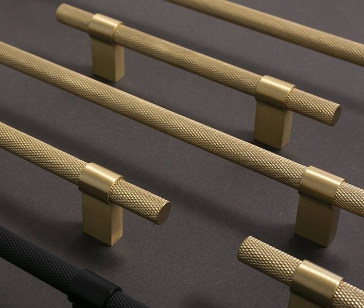 Gold brass bar handle with plain fixings/knurled texture cabinet handle/home improvement hardware/modern brass kitchen hardware/gold handle