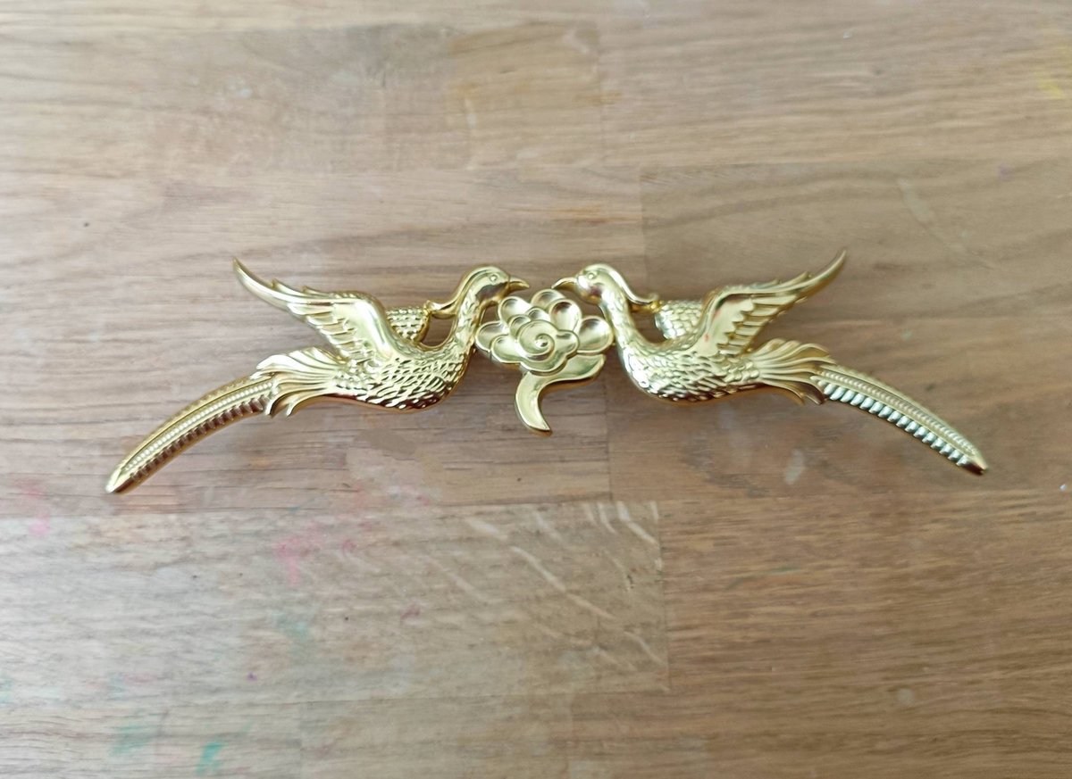 Gold brass phoenix cabinet pull/Gold bird and cloud drawer handle/Brass birds and cloud door handle/Brass furniture hardware/Unique handles