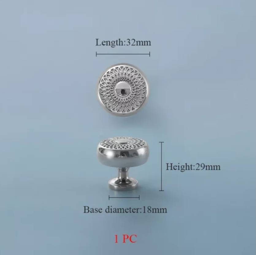 Spirograph design cabinet hardware in gold or silver/semi circle drawer pull and matching round door knob/geometric pattern cabinet handle