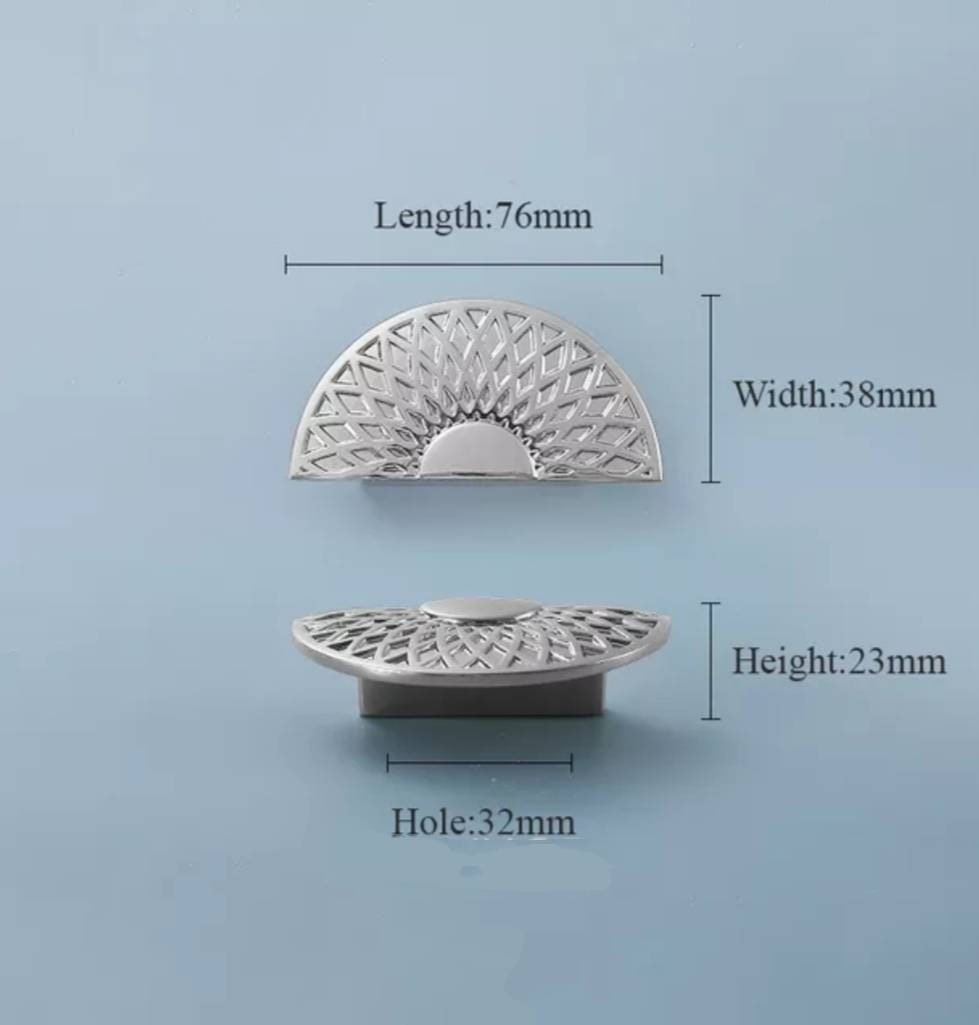 Spirograph design cabinet hardware in gold or silver/semi circle drawer pull and matching round door knob/geometric pattern cabinet handle