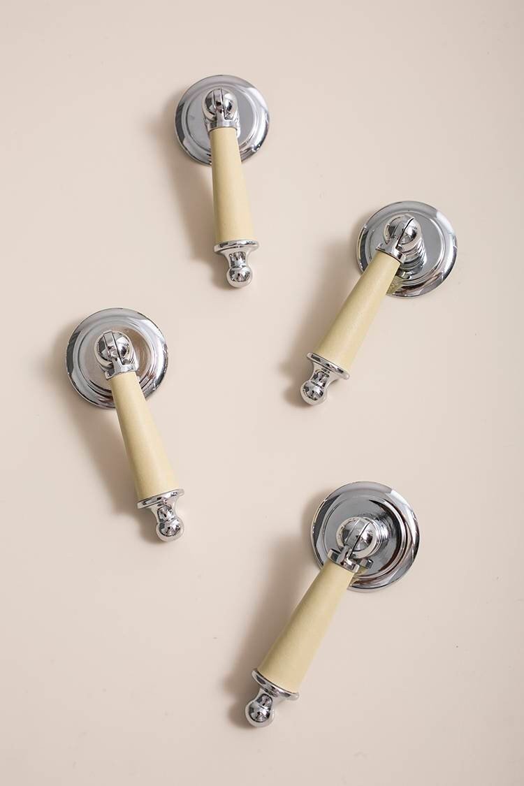 Neutral colour leather and silver drop drawer handle/Silver brown and cream leather drop cabinet pull/Chrome drop handle wrapped in leather
