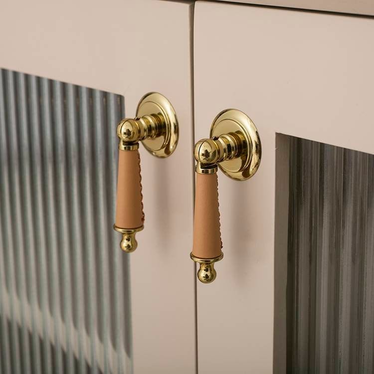 Neutral colour leather and shiny gold drop handle/Brass brown, tan and cream leather drop cabinet pull/Gold drop handle wrapped in leather