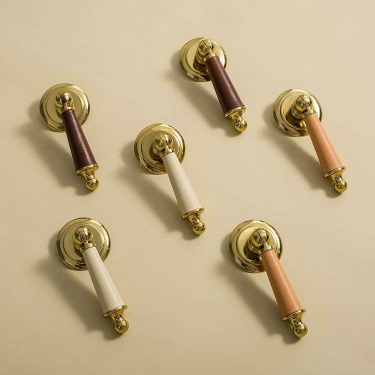 Neutral colour leather and shiny gold drop handle/Brass brown, tan and cream leather drop cabinet pull/Gold drop handle wrapped in leather