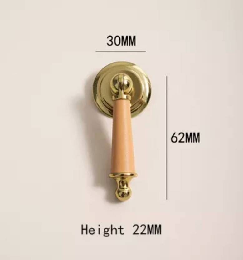 Neutral colour leather and shiny gold drop handle/Brass brown, tan and cream leather drop cabinet pull/Gold drop handle wrapped in leather