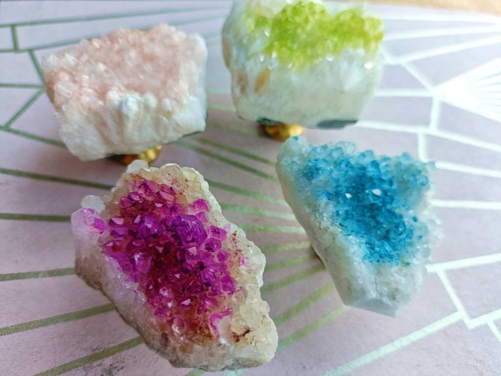 Dyed quartz crystal geode and brass cabinet handle/gemstone drawer handle/crystal door handle/raw semi precious stone door knob/rough quartz