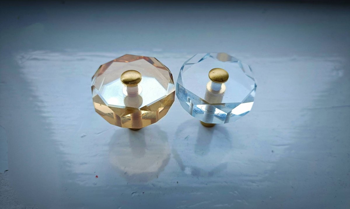 Geometric cut crystal and brass cabinet pull/Retro gold glazed crystal drawer knob/mid century modern style crystal door handle/Crystal knob