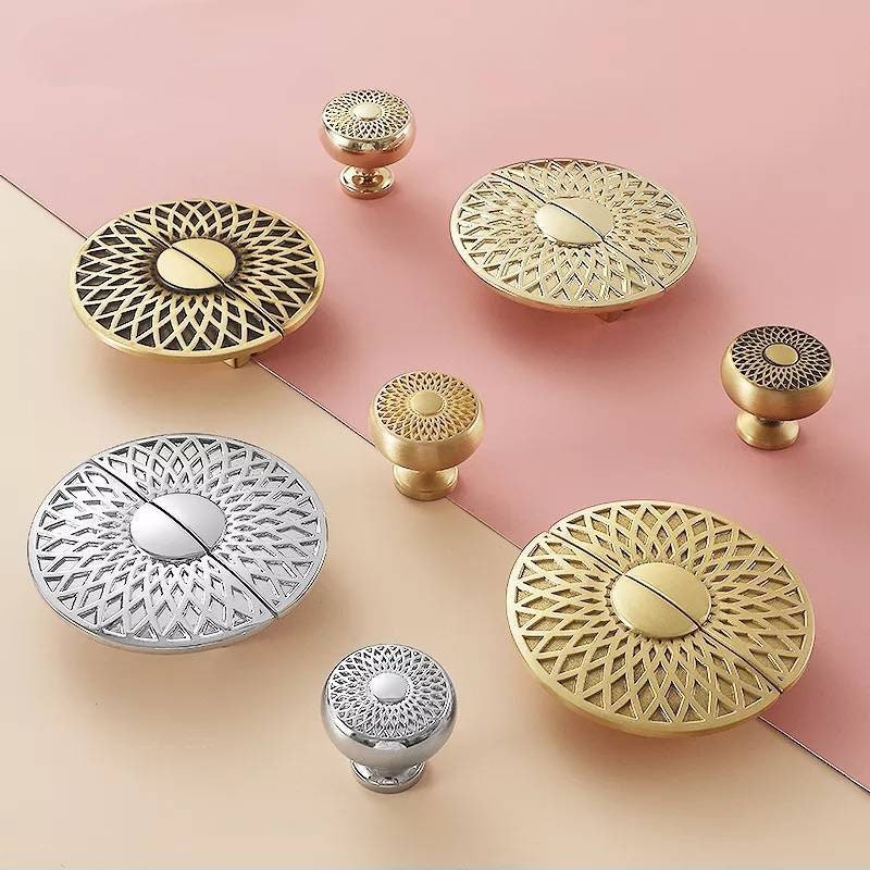 Spirograph design cabinet hardware in gold or silver/semi circle drawer pull and matching round door knob/geometric pattern cabinet handle