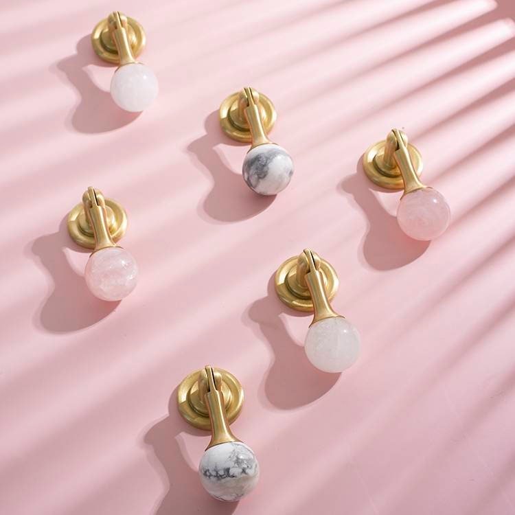 Gold stone ball drop handle in rose quartz, white quartz and marble/Gemstone drawer pull/Semi precious stone cabinet pull/Crystal handle
