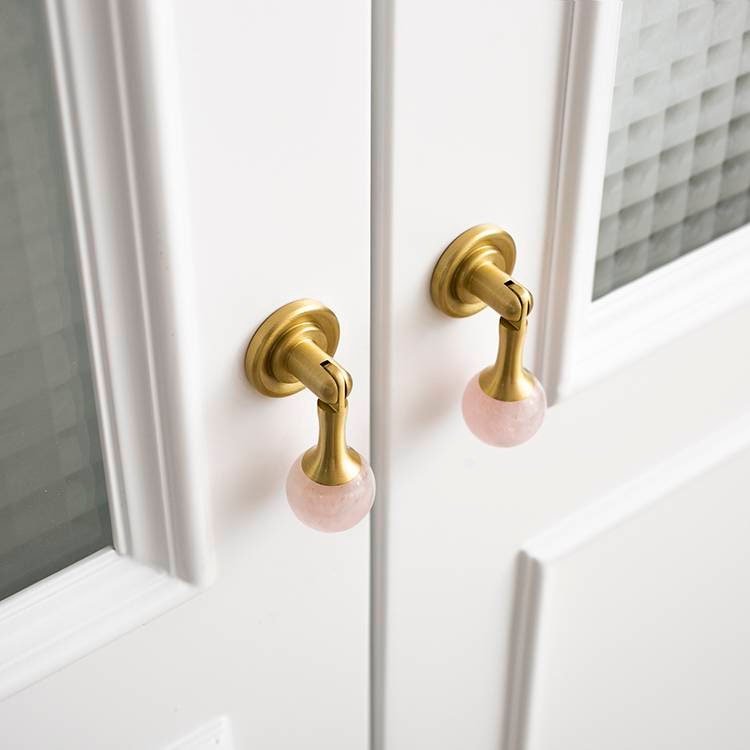 Gold stone ball drop handle in rose quartz, white quartz and marble/Gemstone drawer pull/Semi precious stone cabinet pull/Crystal handle