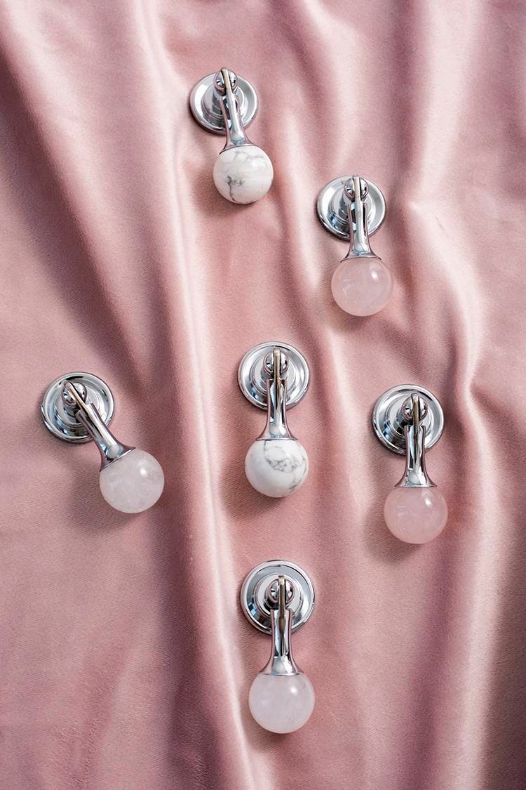 Silver stone ball drop handle in rose quartz, white quartz and marble/Gemstone drawer pull/Semi precious stone cabinet pull/Crystal handle